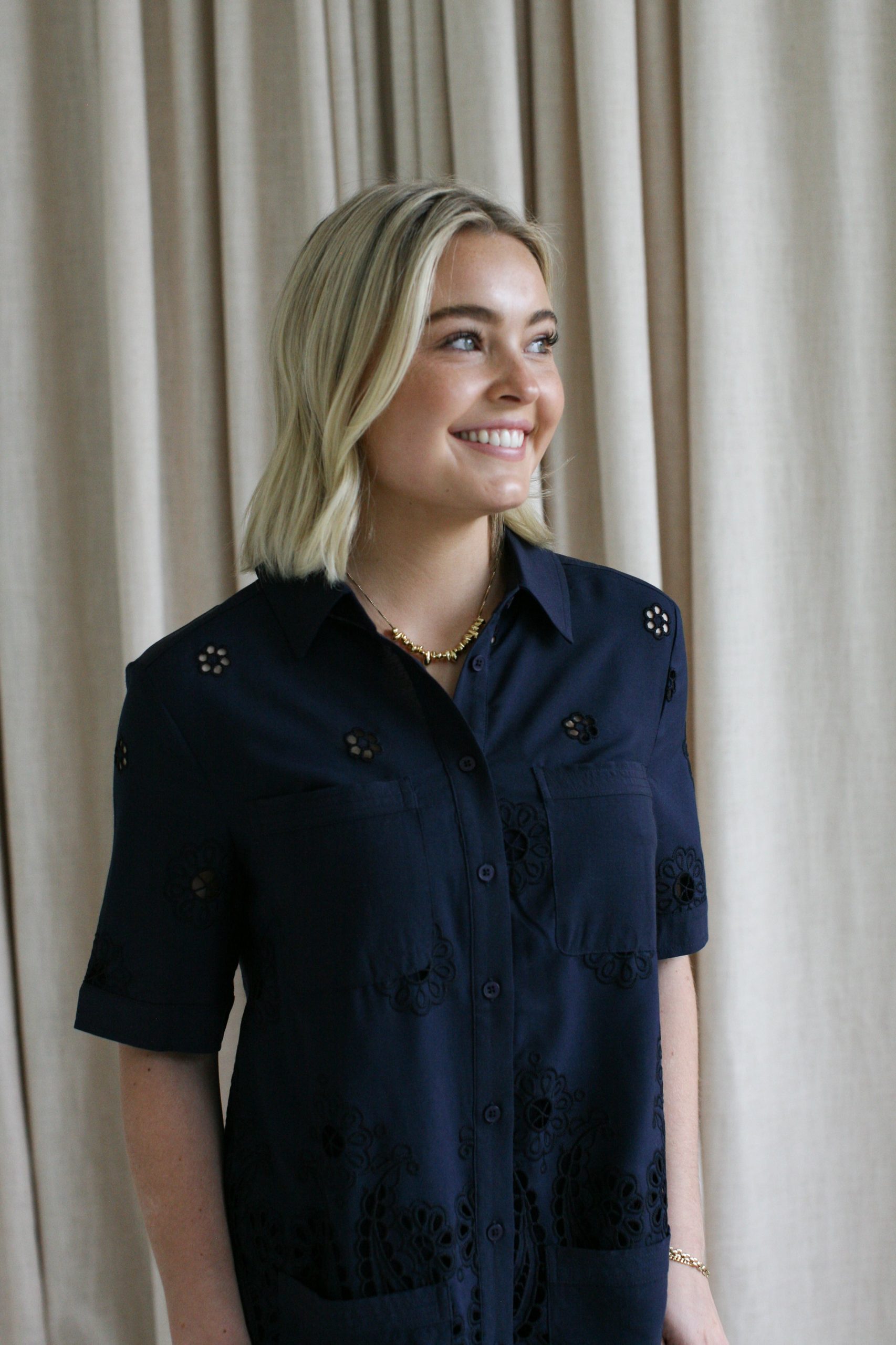 Navy Eyelet Shift Dress - Image 3