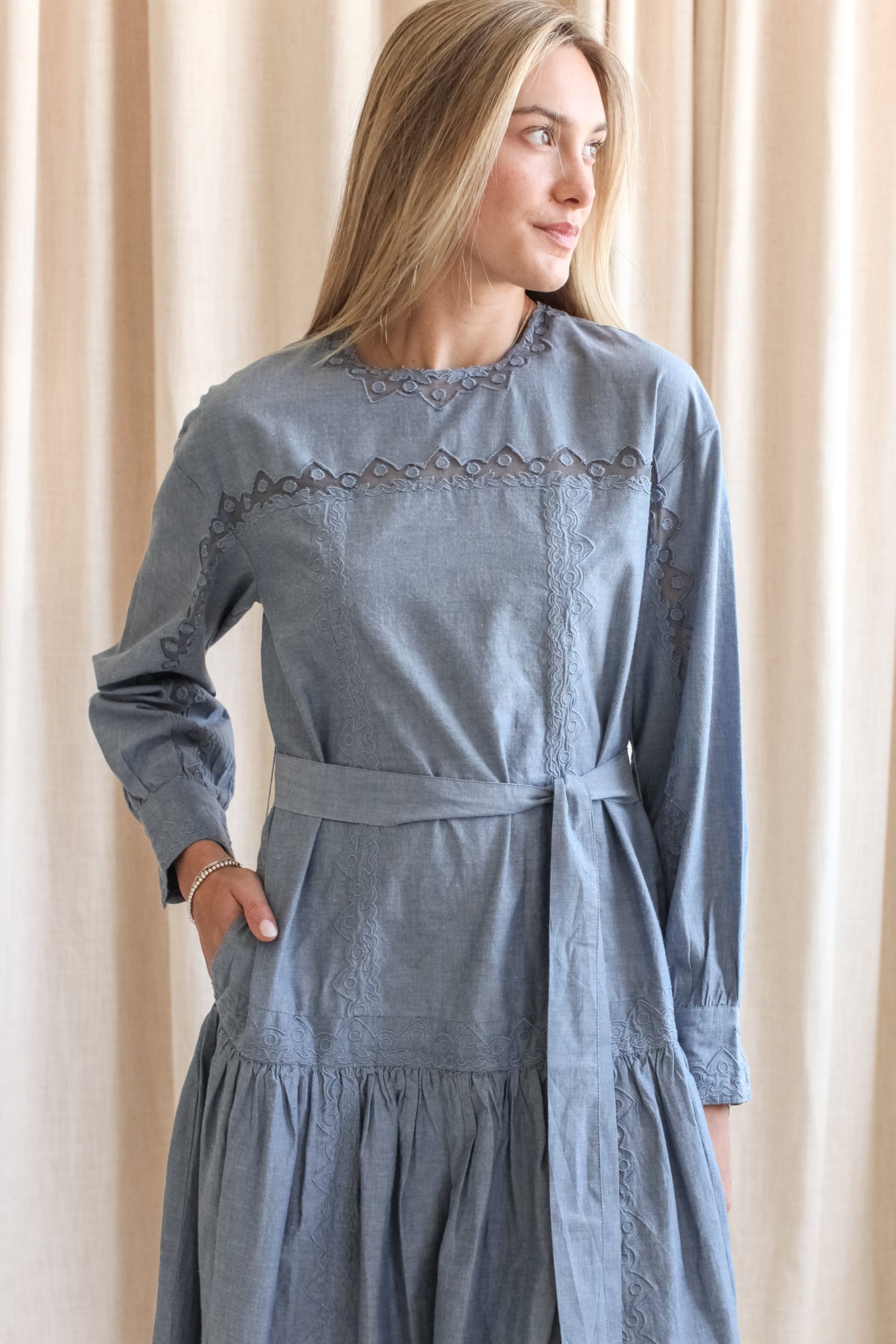 Ulla Johnson Brin Drop Waist Long Sleeve Dress - Chambray - Image 2