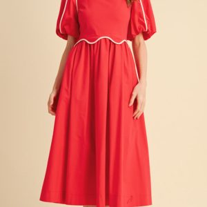 Red Scallop Midi Dress